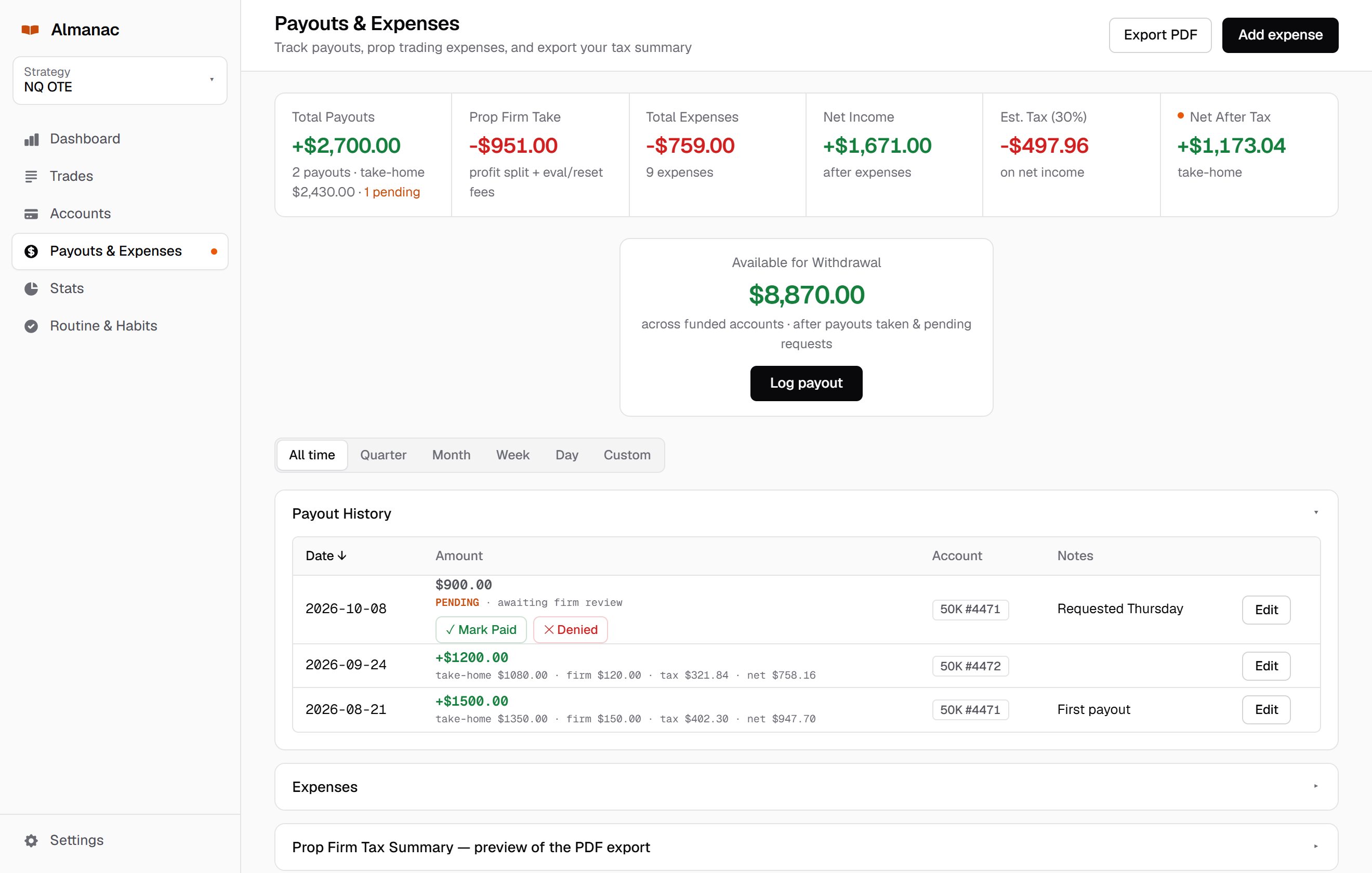 Payouts and expenses page